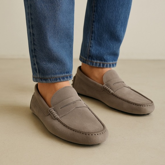 Sacoor Brothers Men's Italian Leather Suede Driving Loafers Moccasins Gray 40‎